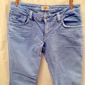 Vintage Antik Western Flare Jeans Embroidered and Distressed Light Wash Denim